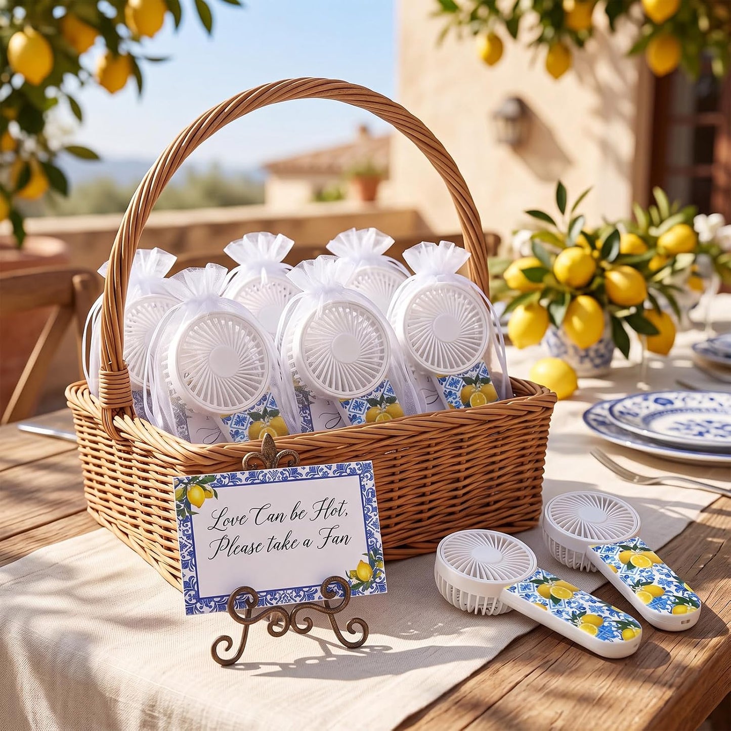 12 Set Capri Lemon Party Decoration Wedding Fans for Guests Portable Mini Handheld Fans Bulk Lanyard Amalfi Coast Favor Lemon Gift Bags Wedding Thank You Gifts for Bridal Shower Party