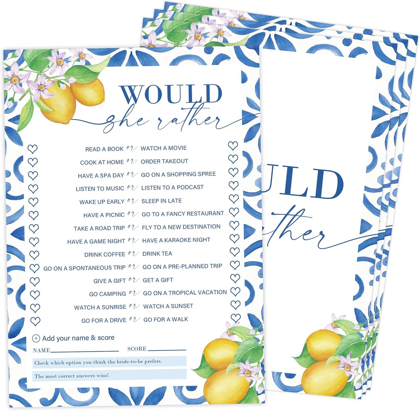 Mediterranean Lemon Would She Rather Bridal Shower Game, Pack of 30 Game Cards, Bridal Shower Decorations, Wedding Engagement Decor, Bachelorette Party Supplies - KR26