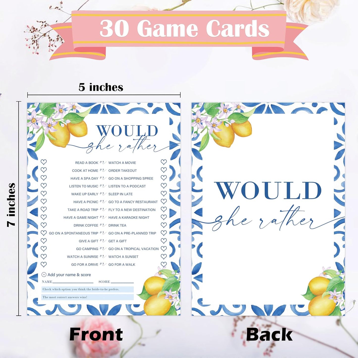 Mediterranean Lemon Would She Rather Bridal Shower Game, Pack of 30 Game Cards, Bridal Shower Decorations, Wedding Engagement Decor, Bachelorette Party Supplies - KR26