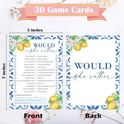 Mediterranean Lemon Would She Rather Bridal Shower Game, Pack of 30 Game Cards, Bridal Shower Decorations, Wedding Engagement Decor, Bachelorette Party Supplies - KR26