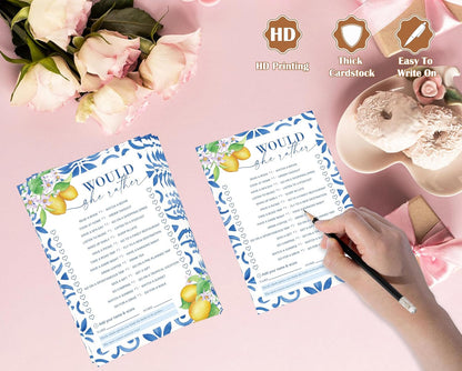 Mediterranean Lemon Would She Rather Bridal Shower Game, Pack of 30 Game Cards, Bridal Shower Decorations, Wedding Engagement Decor, Bachelorette Party Supplies - KR26