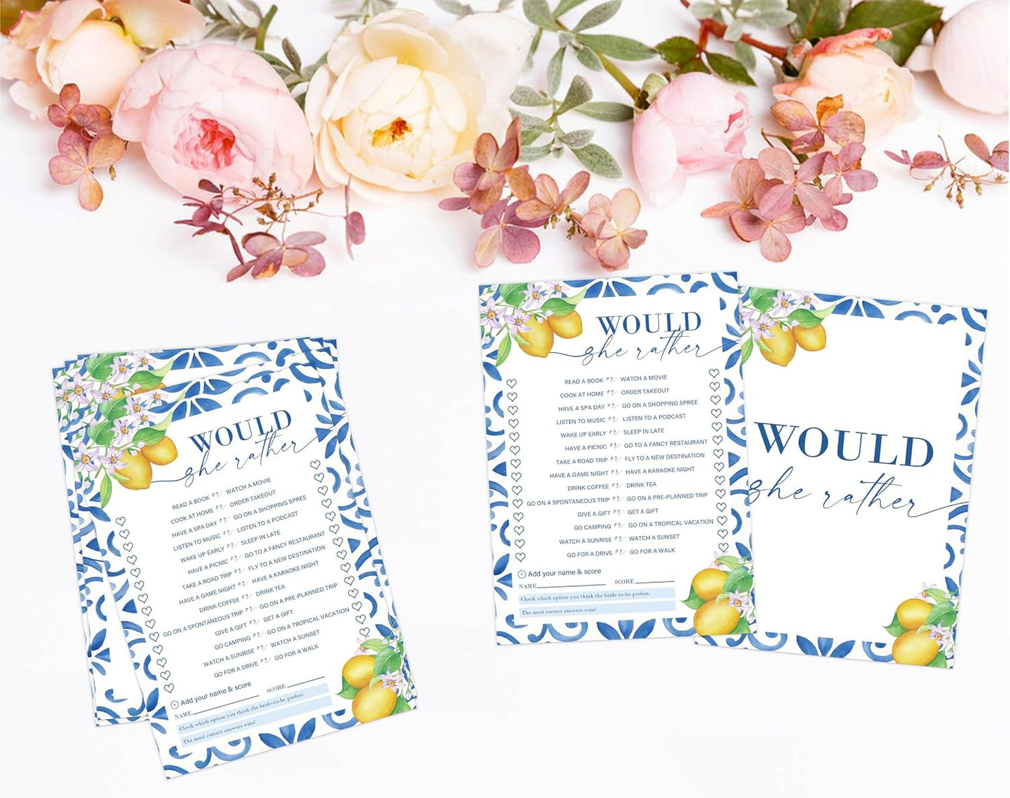 Mediterranean Lemon Would She Rather Bridal Shower Game, Pack of 30 Game Cards, Bridal Shower Decorations, Wedding Engagement Decor, Bachelorette Party Supplies - KR26