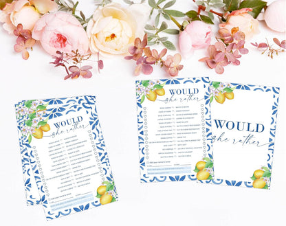 Mediterranean Lemon Would She Rather Bridal Shower Game, Pack of 30 Game Cards, Bridal Shower Decorations, Wedding Engagement Decor, Bachelorette Party Supplies - KR26