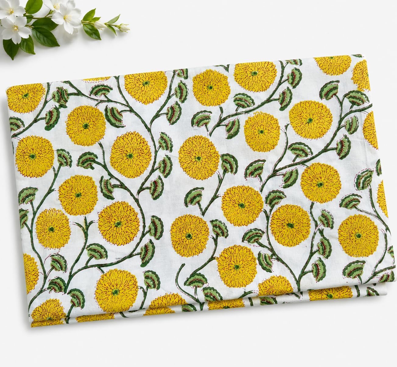 Indian Hand Block Print 60/60 Yellow 100% Cotton Fabric by The Yard, Lightweight Floral Quilting & Sewing Fabric for Dressmaking, Upholstery & DIY Craft (TS-146 Yellow, 5 Yard Pre Cut)