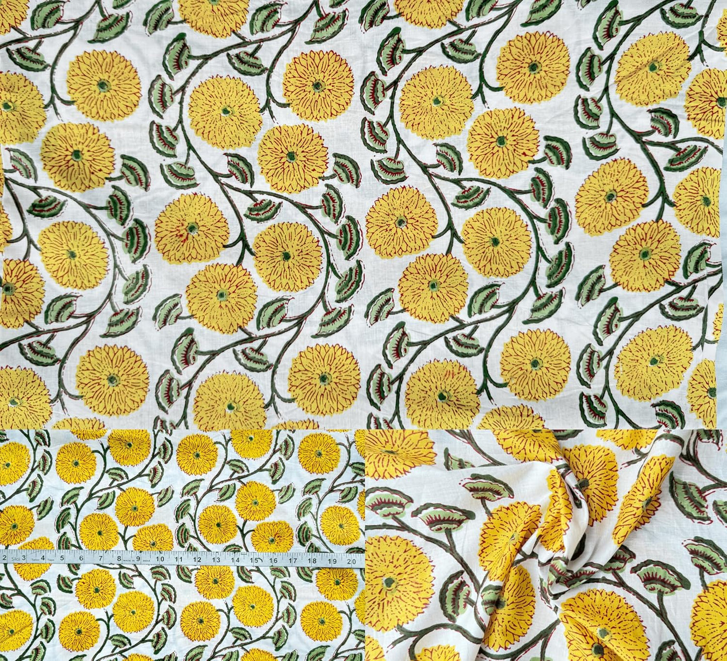 Indian Hand Block Print 60/60 Yellow 100% Cotton Fabric by The Yard, Lightweight Floral Quilting & Sewing Fabric for Dressmaking, Upholstery & DIY Craft (TS-146 Yellow, 5 Yard Pre Cut)