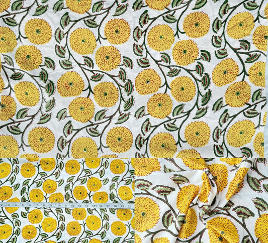 Indian Hand Block Print 60/60 Yellow 100% Cotton Fabric by The Yard, Lightweight Floral Quilting & Sewing Fabric for Dressmaking, Upholstery & DIY Craft (TS-146 Yellow, 5 Yard Pre Cut)
