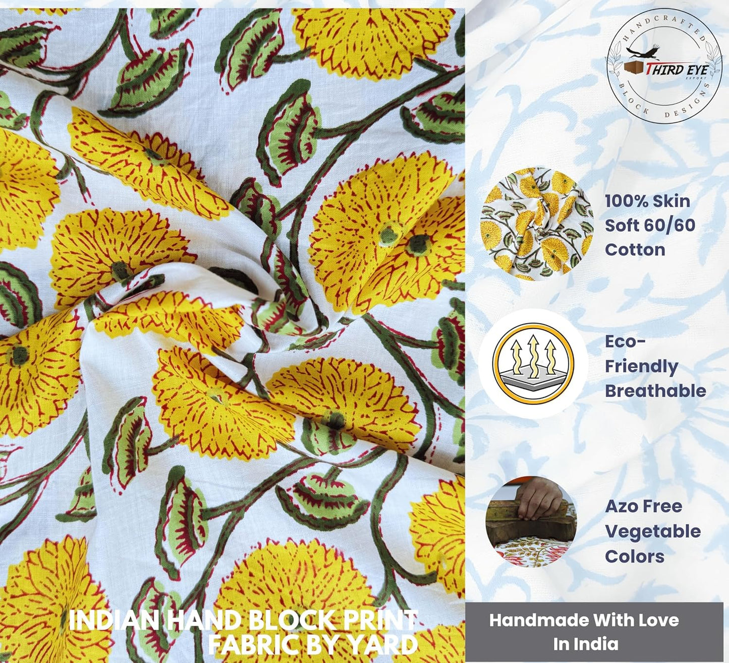 Indian Hand Block Print 60/60 Yellow 100% Cotton Fabric by The Yard, Lightweight Floral Quilting & Sewing Fabric for Dressmaking, Upholstery & DIY Craft (TS-146 Yellow, 5 Yard Pre Cut)