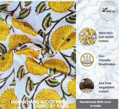 Indian Hand Block Print 60/60 Yellow 100% Cotton Fabric by The Yard, Lightweight Floral Quilting & Sewing Fabric for Dressmaking, Upholstery & DIY Craft (TS-146 Yellow, 5 Yard Pre Cut)