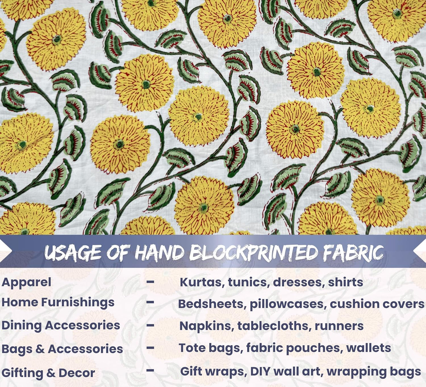 Indian Hand Block Print 60/60 Yellow 100% Cotton Fabric by The Yard, Lightweight Floral Quilting & Sewing Fabric for Dressmaking, Upholstery & DIY Craft (TS-146 Yellow, 5 Yard Pre Cut)