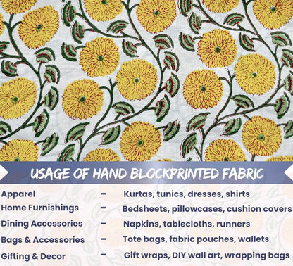 Indian Hand Block Print 60/60 Yellow 100% Cotton Fabric by The Yard, Lightweight Floral Quilting & Sewing Fabric for Dressmaking, Upholstery & DIY Craft (TS-146 Yellow, 5 Yard Pre Cut)