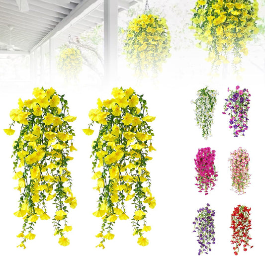Artificial Flowers for Outdoors Fake Morning Glory Hanging Flower Decoration, 2 Pcs Realistic Faux Plants Petunias Trailing Vines, Spring Summer Decor for Porch Patio Balcony Planter Yard(Yellow)