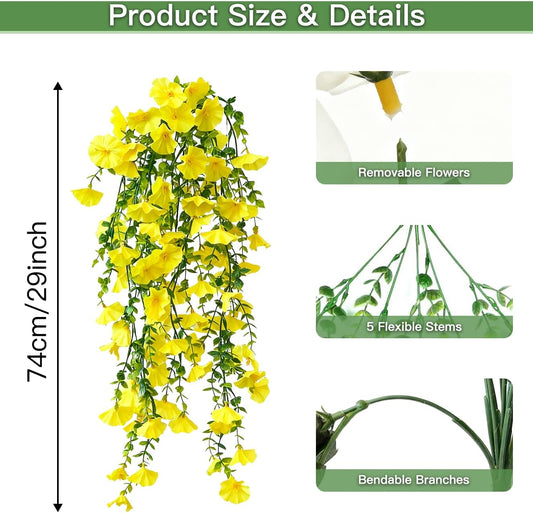 Artificial Flowers for Outdoors Fake Morning Glory Hanging Flower Decoration, 2 Pcs Realistic Faux Plants Petunias Trailing Vines, Spring Summer Decor for Porch Patio Balcony Planter Yard(Yellow)