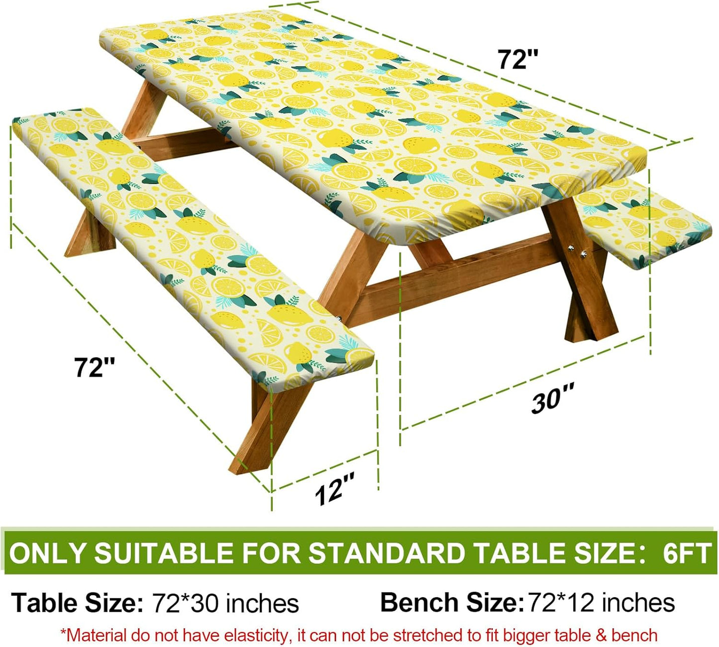 Picnic Table Cover with Bench Covers 6FT 3 Pcs Waterproof Windproof Aesthetic Camping Tablecloth with Drawstring Bag, Fitted for 6 Foot Rectangle Tables and Seats, 72 inch, Yellow Lemon