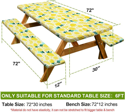 Picnic Table Cover with Bench Covers 6FT 3 Pcs Waterproof Windproof Aesthetic Camping Tablecloth with Drawstring Bag, Fitted for 6 Foot Rectangle Tables and Seats, 72 inch, Yellow Lemon