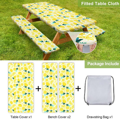 Picnic Table Cover with Bench Covers 6FT 3 Pcs Waterproof Windproof Aesthetic Camping Tablecloth with Drawstring Bag, Fitted for 6 Foot Rectangle Tables and Seats, 72 inch, Yellow Lemon