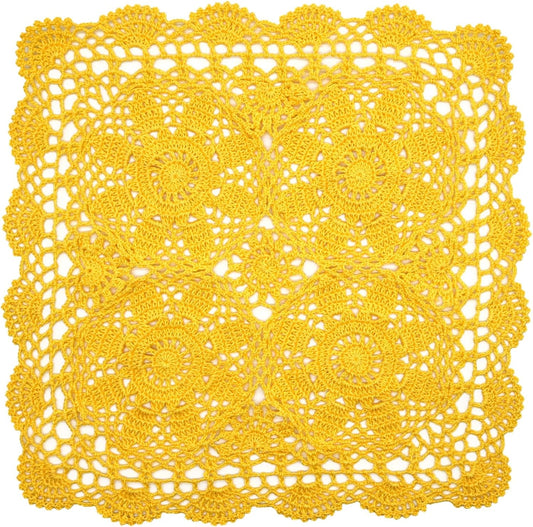 Square Flower Lace Doilies Kitchen Table Doily Vase Mats Tablecloth Handmade Crochet Placemats Dish Plate Mat (1PC - 15" to 16", Style02-Yellow)
