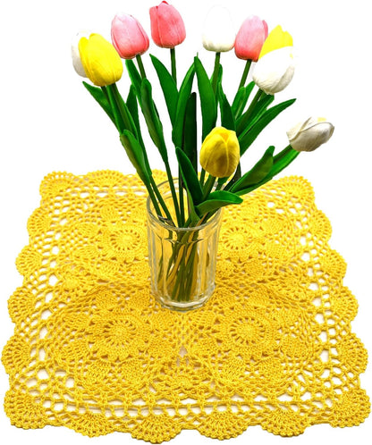 Square Flower Lace Doilies Kitchen Table Doily Vase Mats Tablecloth Handmade Crochet Placemats Dish Plate Mat (1PC - 15" to 16", Style02-Yellow)