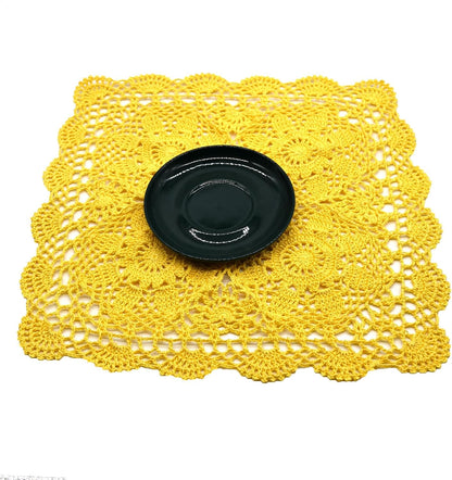 Square Flower Lace Doilies Kitchen Table Doily Vase Mats Tablecloth Handmade Crochet Placemats Dish Plate Mat (1PC - 15" to 16", Style02-Yellow)