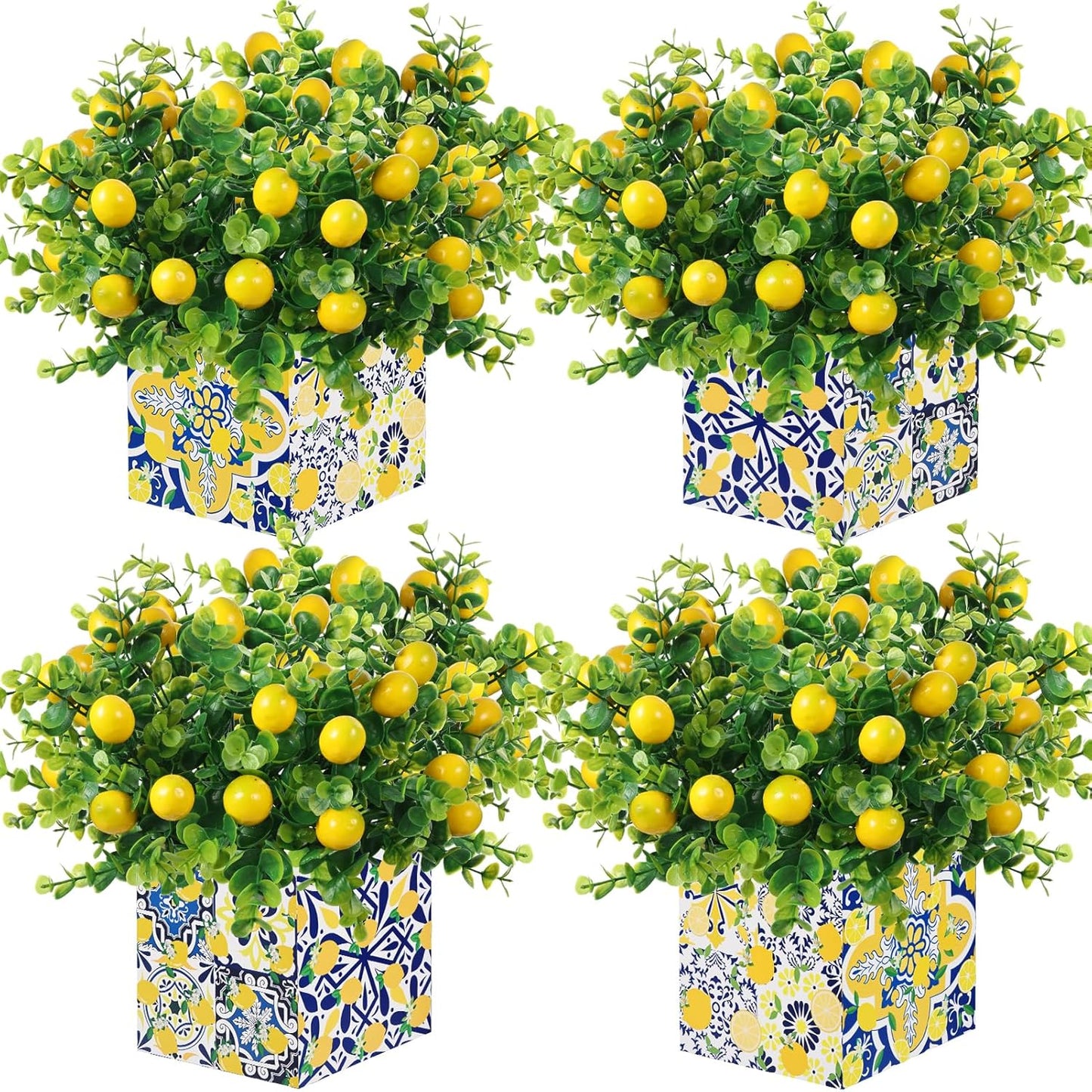 4 Sets Blue Tiles Lemon Table Centerpiece Decor Box and 16 Artificial Lemon Branches Amalfi Coast Capri Positano Lemon Party Supplies for Capri Mediterranean Wedding Birthday Baby Shower Party Decor