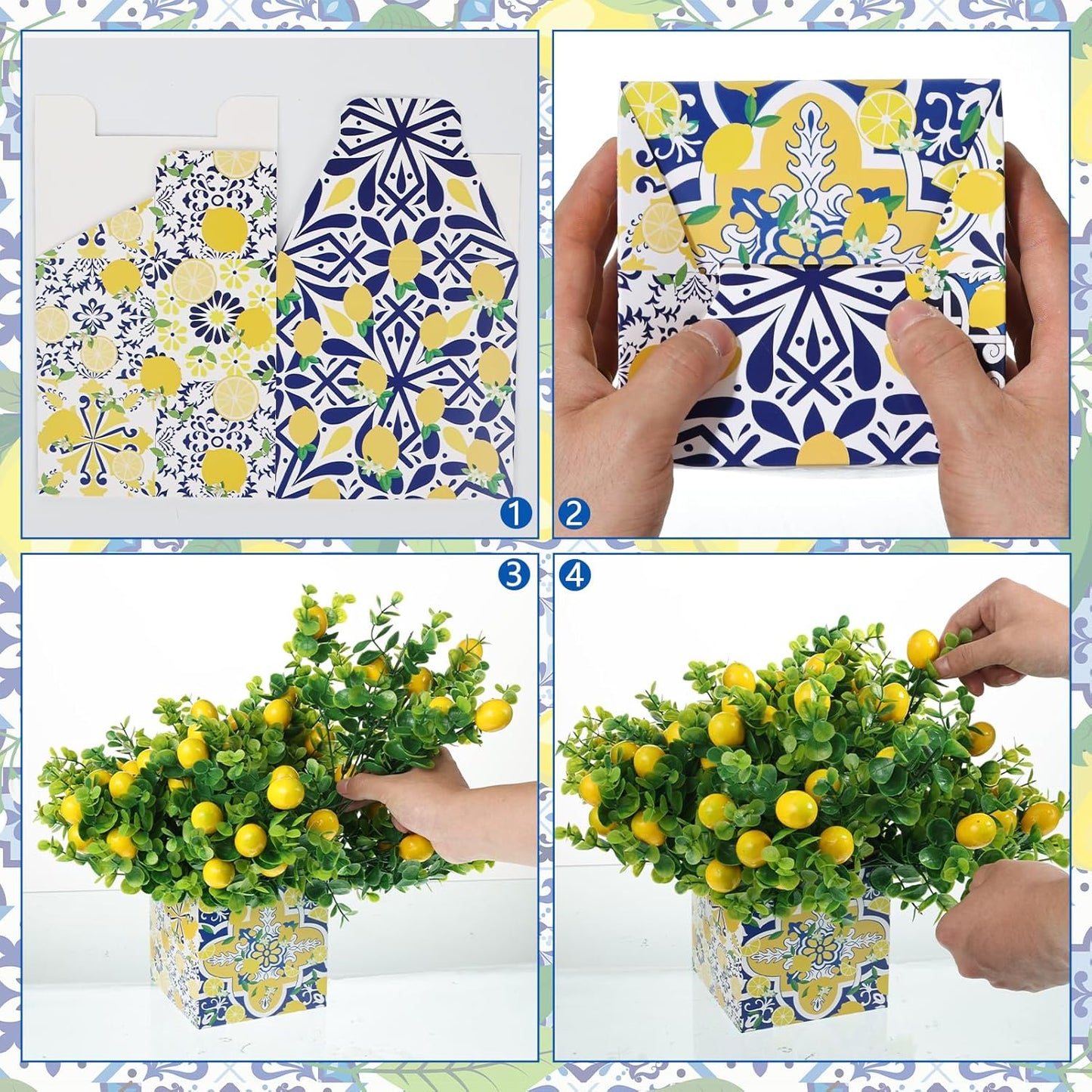4 Sets Blue Tiles Lemon Table Centerpiece Decor Box and 16 Artificial Lemon Branches Amalfi Coast Capri Positano Lemon Party Supplies for Capri Mediterranean Wedding Birthday Baby Shower Party Decor
