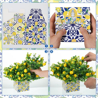 4 Sets Blue Tiles Lemon Table Centerpiece Decor Box and 16 Artificial Lemon Branches Amalfi Coast Capri Positano Lemon Party Supplies for Capri Mediterranean Wedding Birthday Baby Shower Party Decor