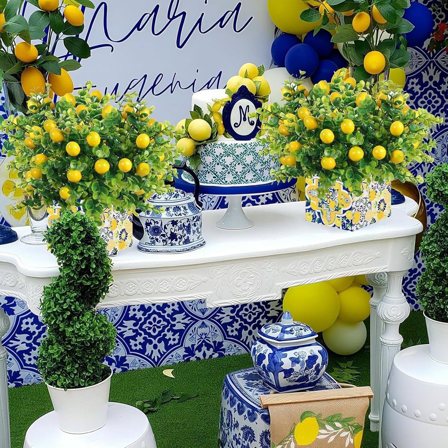 4 Sets Blue Tiles Lemon Table Centerpiece Decor Box and 16 Artificial Lemon Branches Amalfi Coast Capri Positano Lemon Party Supplies for Capri Mediterranean Wedding Birthday Baby Shower Party Decor