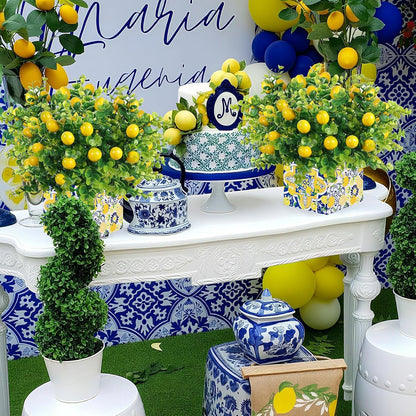 4 Sets Blue Tiles Lemon Table Centerpiece Decor Box and 16 Artificial Lemon Branches Amalfi Coast Capri Positano Lemon Party Supplies for Capri Mediterranean Wedding Birthday Baby Shower Party Decor