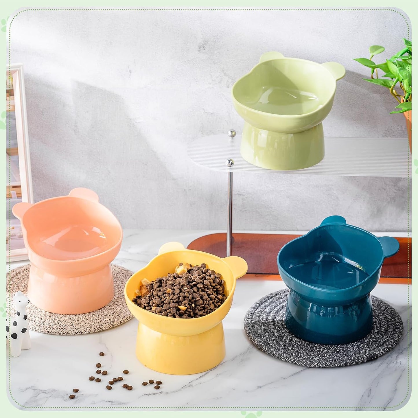 4 Pcs Elevated Cat Bowls Plastic Raised Cat Bowl 15 Degrees Tilted Raised Pet Food and Water Dish Cute Anti Vomit Food Dishes Pet Feeders for Kitten and Small Dogs(Bear)