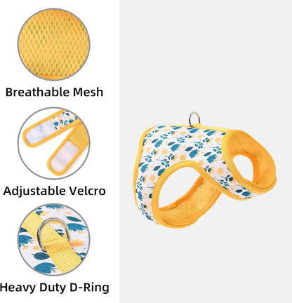 Dog Harness, Air Mesh Floral Vest Harness for 20 lbs Small Dogs & Cats, Easy Get on Adjustable Easy Closures Both Neck and Chest(Yellow Flower, XS Chest 14"-16")