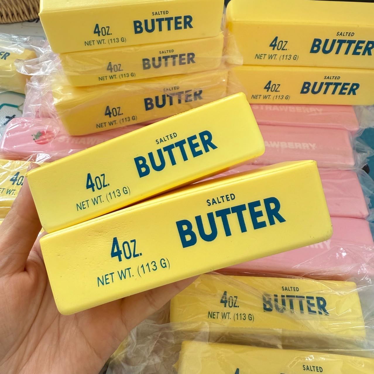 Squishy Butter Squeeze Toy, Slow Rising Realistic Soft Butter Stress Balls, Sensory Stress Relief Squishies Soft & Stretchy Fidget Toys for Anxiety Relief Help Relex Party Favors (1 Yellow +1 Pink )