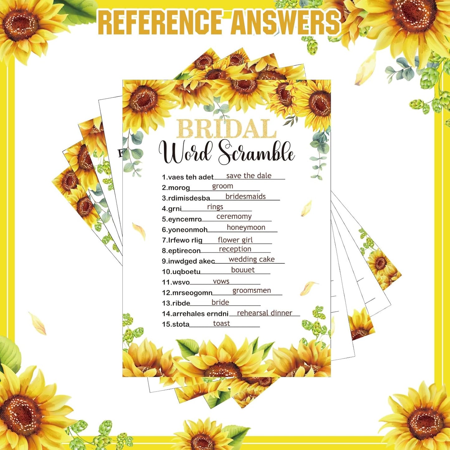 331 Pcs Bridal Shower Games with Rings,Sunflower Style | 5 Game Sets with 60 Rings 20 Pencils, Word Scramble Purse Guess Cards Don't Say Bride, Wedding Party Coed Activities
