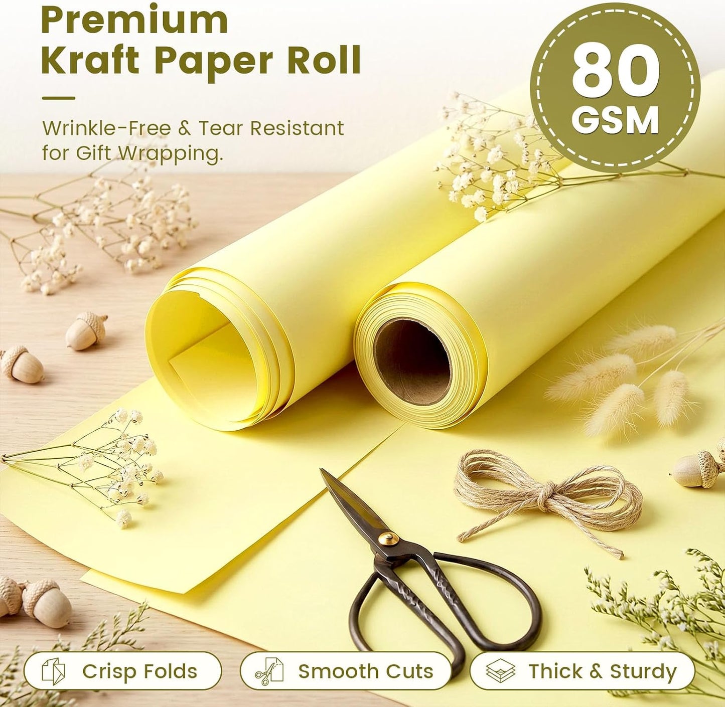 Yellow Wrapping Paper Roll, 15 inch X 38 Feet | Single-sided Paper, Rolled without Creases, for Gifts, Books, Bouquets, Posters, Bulletin Boards, and Summer Party Decor