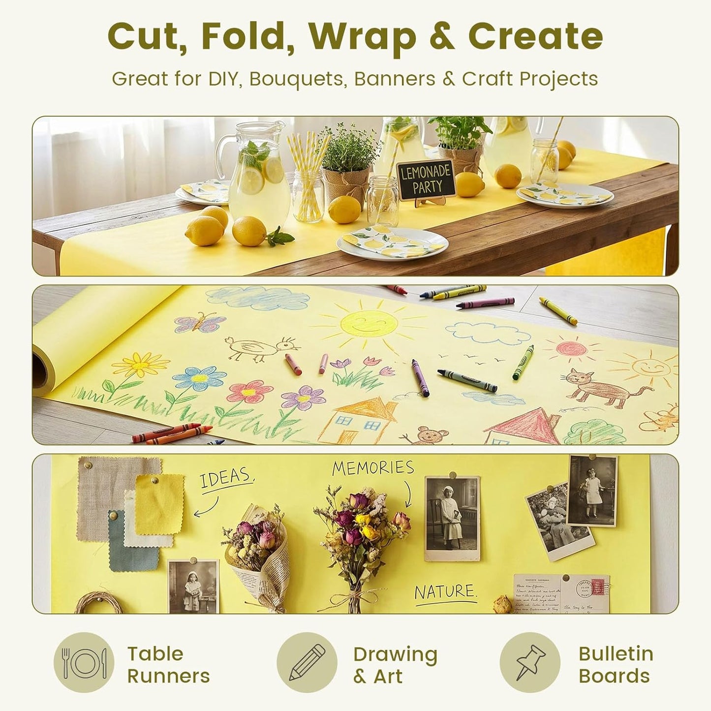 Yellow Wrapping Paper Roll, 15 inch X 38 Feet | Single-sided Paper, Rolled without Creases, for Gifts, Books, Bouquets, Posters, Bulletin Boards, and Summer Party Decor