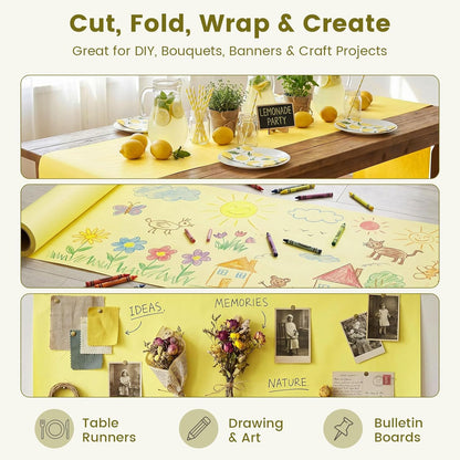 Yellow Wrapping Paper Roll, 15 inch X 38 Feet | Single-sided Paper, Rolled without Creases, for Gifts, Books, Bouquets, Posters, Bulletin Boards, and Summer Party Decor