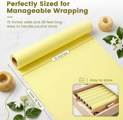 Yellow Wrapping Paper Roll, 15 inch X 38 Feet | Single-sided Paper, Rolled without Creases, for Gifts, Books, Bouquets, Posters, Bulletin Boards, and Summer Party Decor