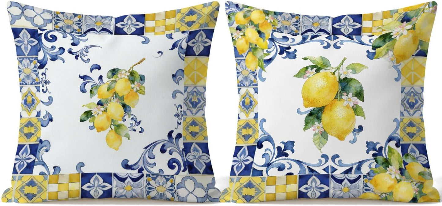 Italian Floral Lemon Pillow Covers 18x18, Blue and Yellow Tiles Summer Mediterranean Lemon Botanical Decorative Throw Pillow Cover for Bedroom Living Room Home, Set of 2