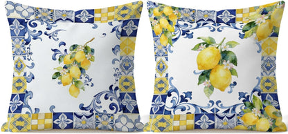 Italian Floral Lemon Pillow Covers 18x18, Blue and Yellow Tiles Summer Mediterranean Lemon Botanical Decorative Throw Pillow Cover for Bedroom Living Room Home, Set of 2