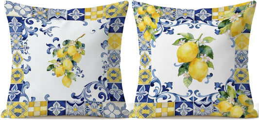 Italian Floral Lemon Pillow Covers 18x18, Blue and Yellow Tiles Summer Mediterranean Lemon Botanical Decorative Throw Pillow Cover for Bedroom Living Room Home, Set of 2