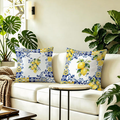 Italian Floral Lemon Pillow Covers 18x18, Blue and Yellow Tiles Summer Mediterranean Lemon Botanical Decorative Throw Pillow Cover for Bedroom Living Room Home, Set of 2