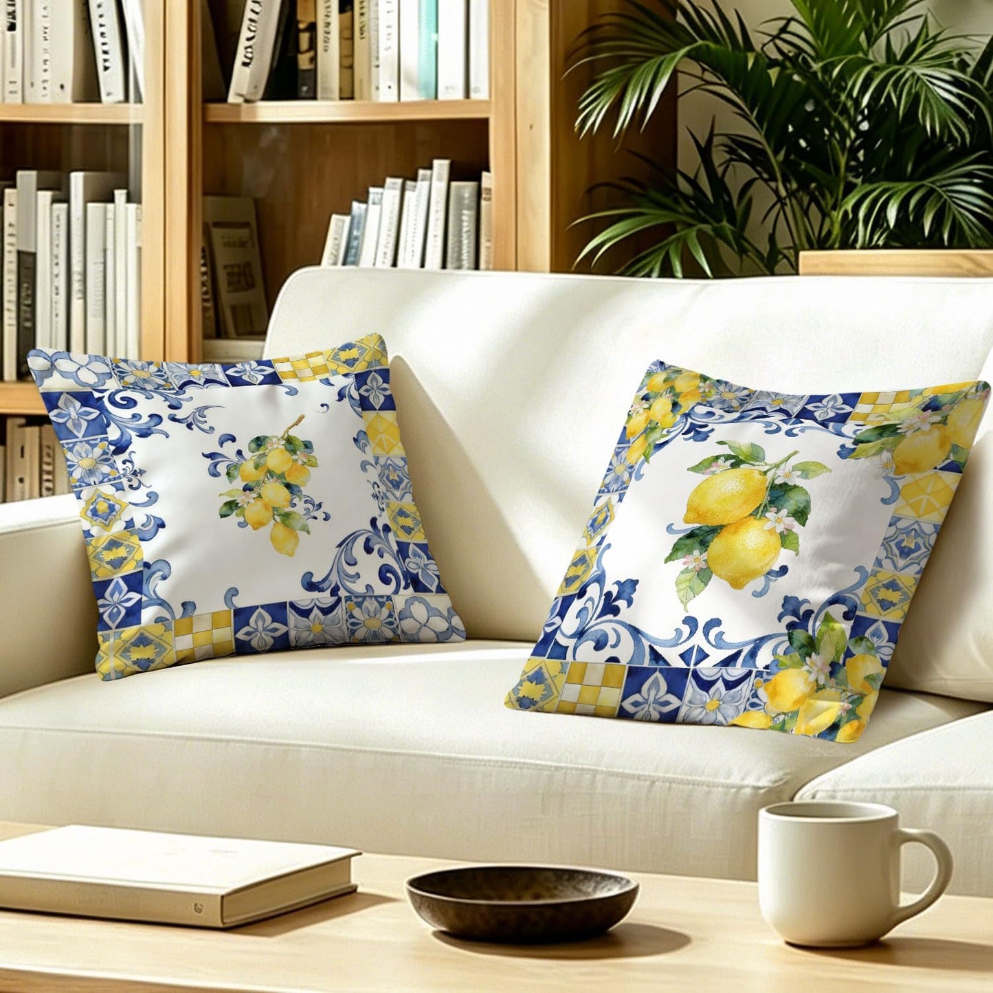 Italian Floral Lemon Pillow Covers 18x18, Blue and Yellow Tiles Summer Mediterranean Lemon Botanical Decorative Throw Pillow Cover for Bedroom Living Room Home, Set of 2