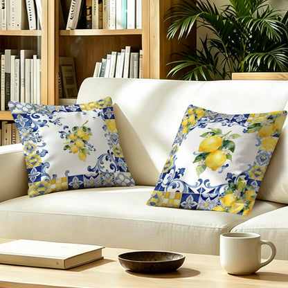 Italian Floral Lemon Pillow Covers 18x18, Blue and Yellow Tiles Summer Mediterranean Lemon Botanical Decorative Throw Pillow Cover for Bedroom Living Room Home, Set of 2