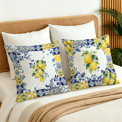 Italian Floral Lemon Pillow Covers 18x18, Blue and Yellow Tiles Summer Mediterranean Lemon Botanical Decorative Throw Pillow Cover for Bedroom Living Room Home, Set of 2
