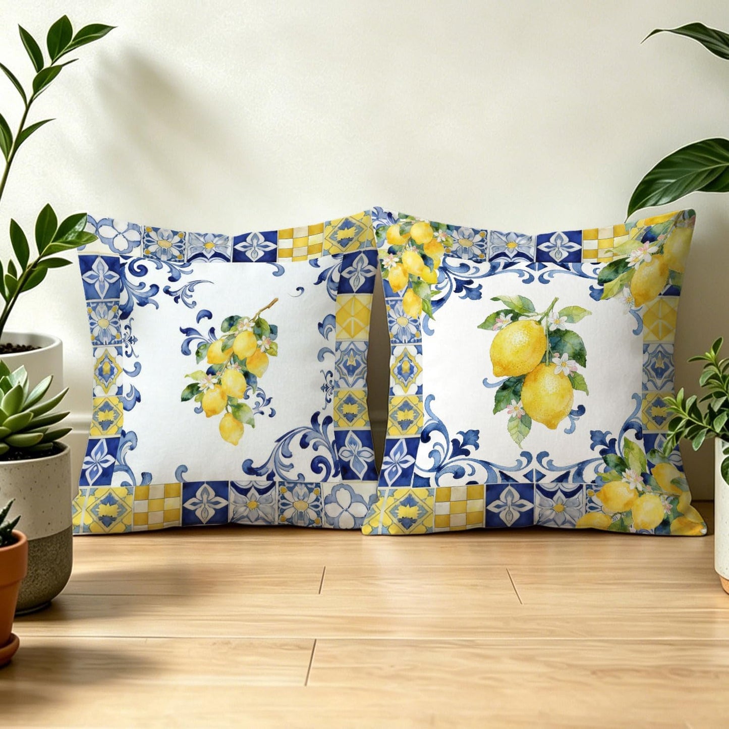 Italian Floral Lemon Pillow Covers 18x18, Blue and Yellow Tiles Summer Mediterranean Lemon Botanical Decorative Throw Pillow Cover for Bedroom Living Room Home, Set of 2