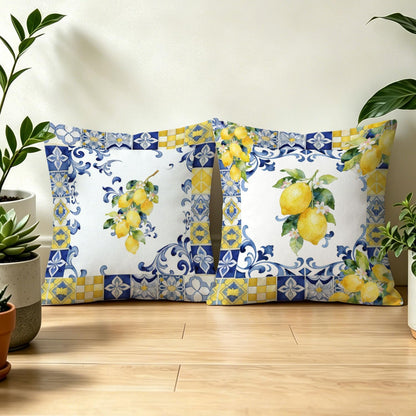 Italian Floral Lemon Pillow Covers 18x18, Blue and Yellow Tiles Summer Mediterranean Lemon Botanical Decorative Throw Pillow Cover for Bedroom Living Room Home, Set of 2