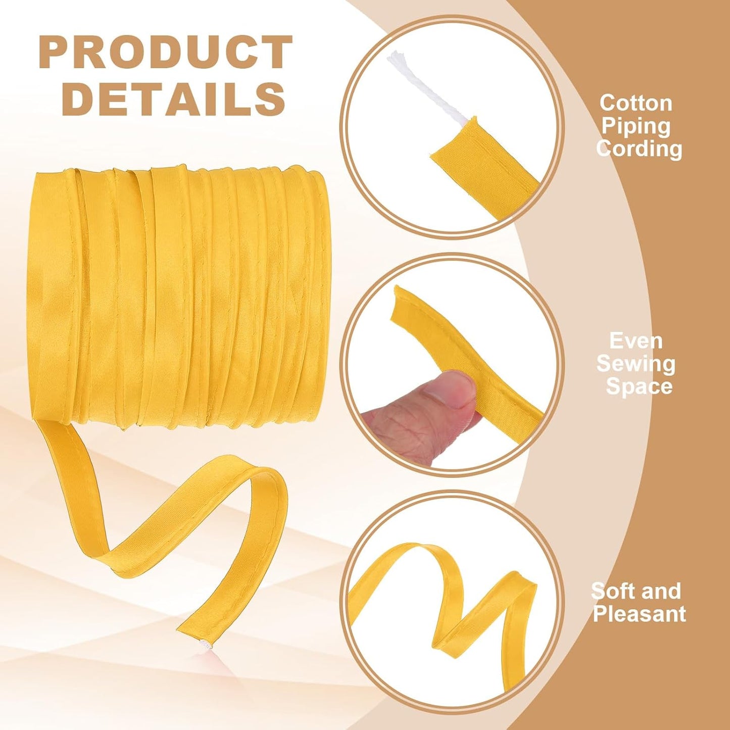 Maxi Piping Bias Tape, 5 Yards Piping Trim with Cord Satin Binding Lip Cord Trim Fit for Sewing Garment Webbing Trimming Crafts Decorating - (Yellow)