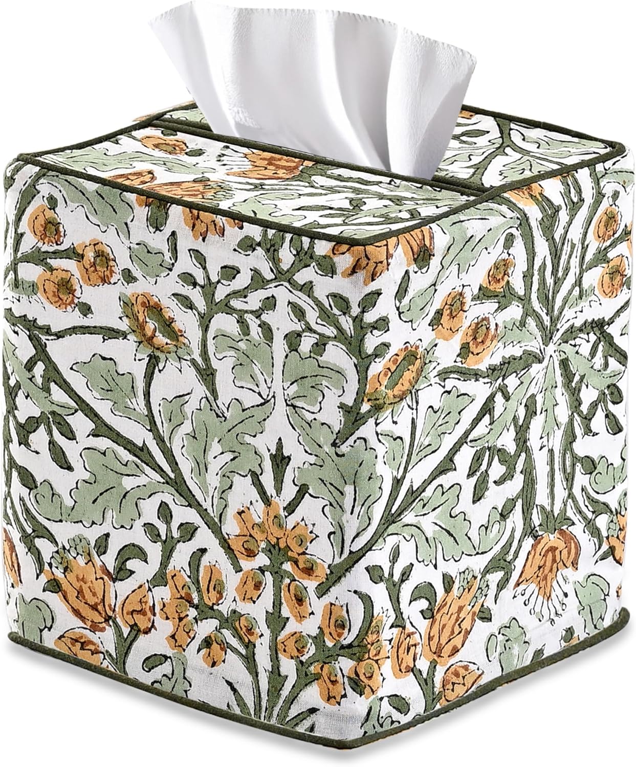 Goldenrod Yellow Block Print Tissue Box Cover – Handmade Cotton Fabric Tissue Holder for Home Bedroom Living Room Bathroom Vanity Car Nightstand Office Kitchen – Decorative Square Napkin Holder