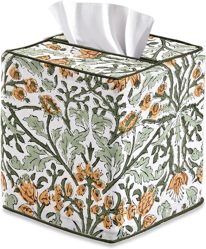 Goldenrod Yellow Block Print Tissue Box Cover – Handmade Cotton Fabric Tissue Holder for Home Bedroom Living Room Bathroom Vanity Car Nightstand Office Kitchen – Decorative Square Napkin Holder