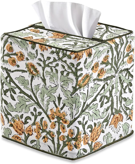 Goldenrod Yellow Block Print Tissue Box Cover – Handmade Cotton Fabric Tissue Holder for Home Bedroom Living Room Bathroom Vanity Car Nightstand Office Kitchen – Decorative Square Napkin Holder