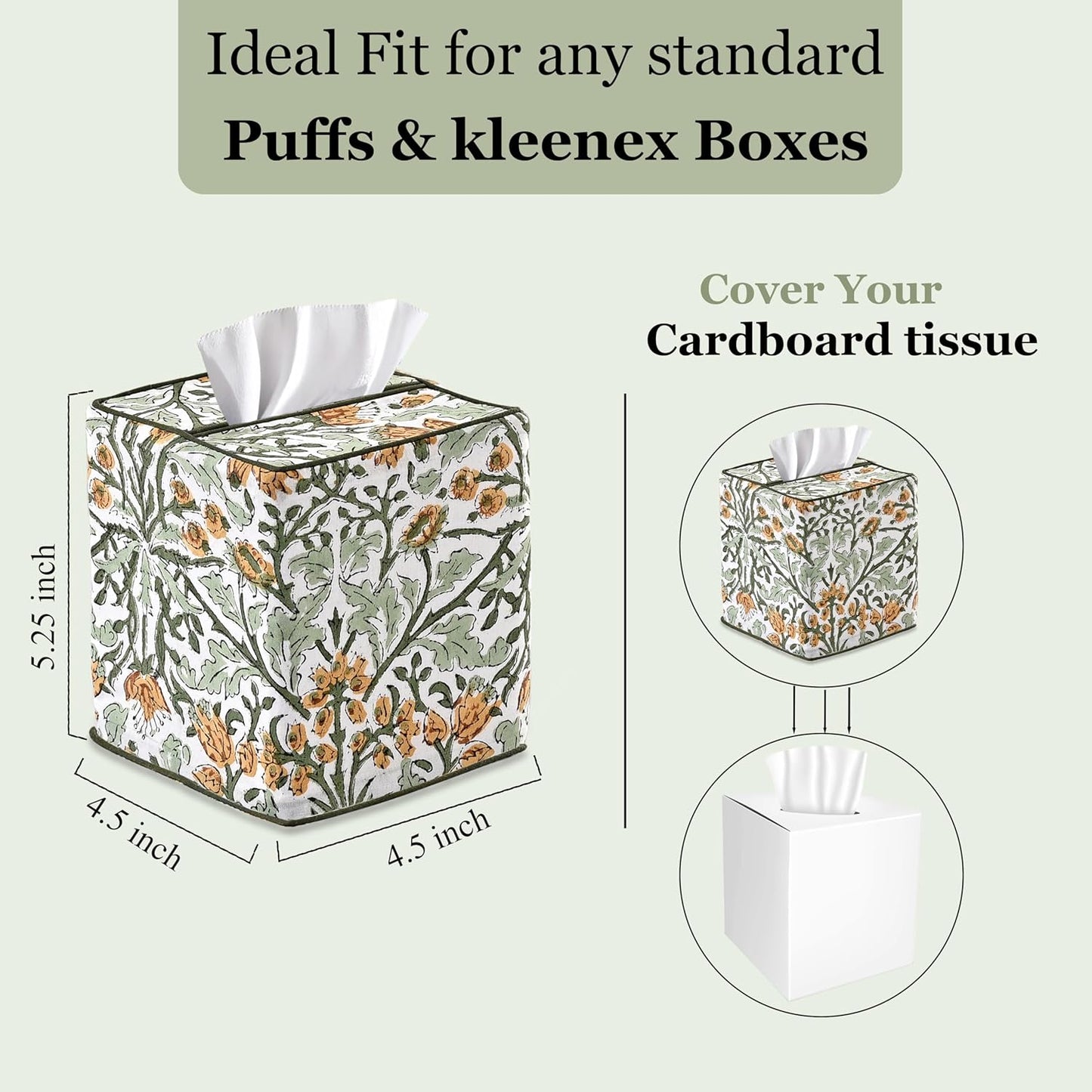 Goldenrod Yellow Block Print Tissue Box Cover – Handmade Cotton Fabric Tissue Holder for Home Bedroom Living Room Bathroom Vanity Car Nightstand Office Kitchen – Decorative Square Napkin Holder