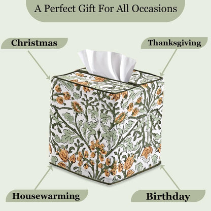 Goldenrod Yellow Block Print Tissue Box Cover – Handmade Cotton Fabric Tissue Holder for Home Bedroom Living Room Bathroom Vanity Car Nightstand Office Kitchen – Decorative Square Napkin Holder
